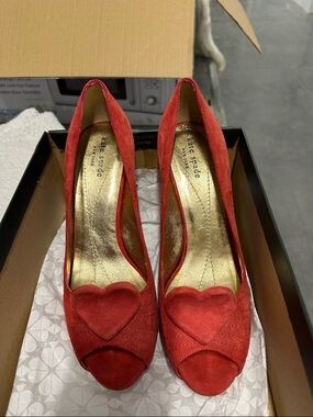 Kate Spade NY Red Suede Heart Peep-Toe Pumps with Gold Insole
